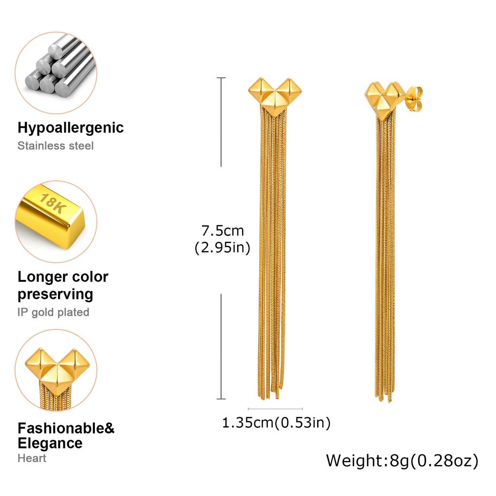 Stainless Steel Heart Long Tassel Drop Dangle Earring for Women, Prom Party Accessorie
