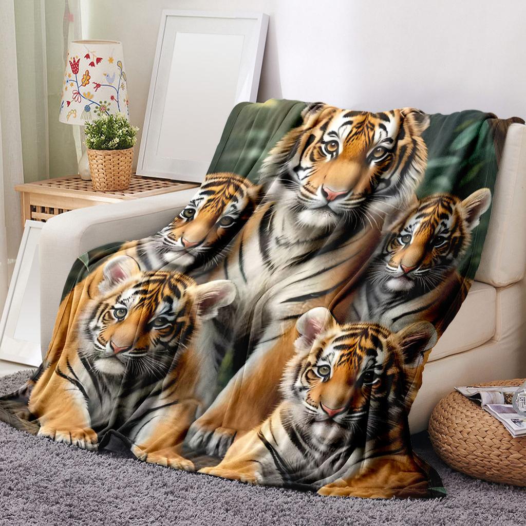 Forest Tiger Camping Print Throw Blanket - Cute Cartoon Animal Motif Soft Lightweight Accent for Sofa Bed Travel Office