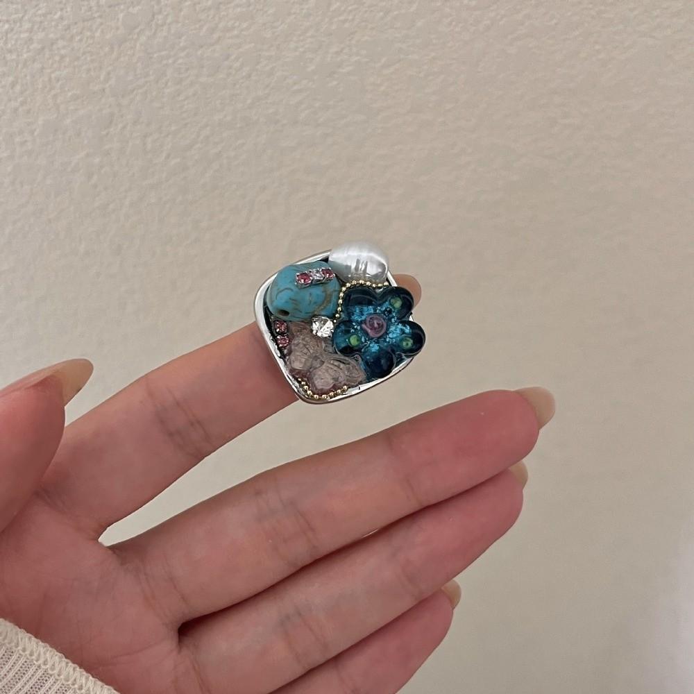 Rhinestone Turquoise Rings Stackable Western Geometric Ring Fashion Glass Flower Ring  Jewelry
