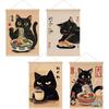4 Pcs Vintage Japanese Cat Wall Art Hanging Banner, Japanese Noodle Sushi Linen Banner Poster Hanger Wall Decor for Home Kitchen Dining Room Wall