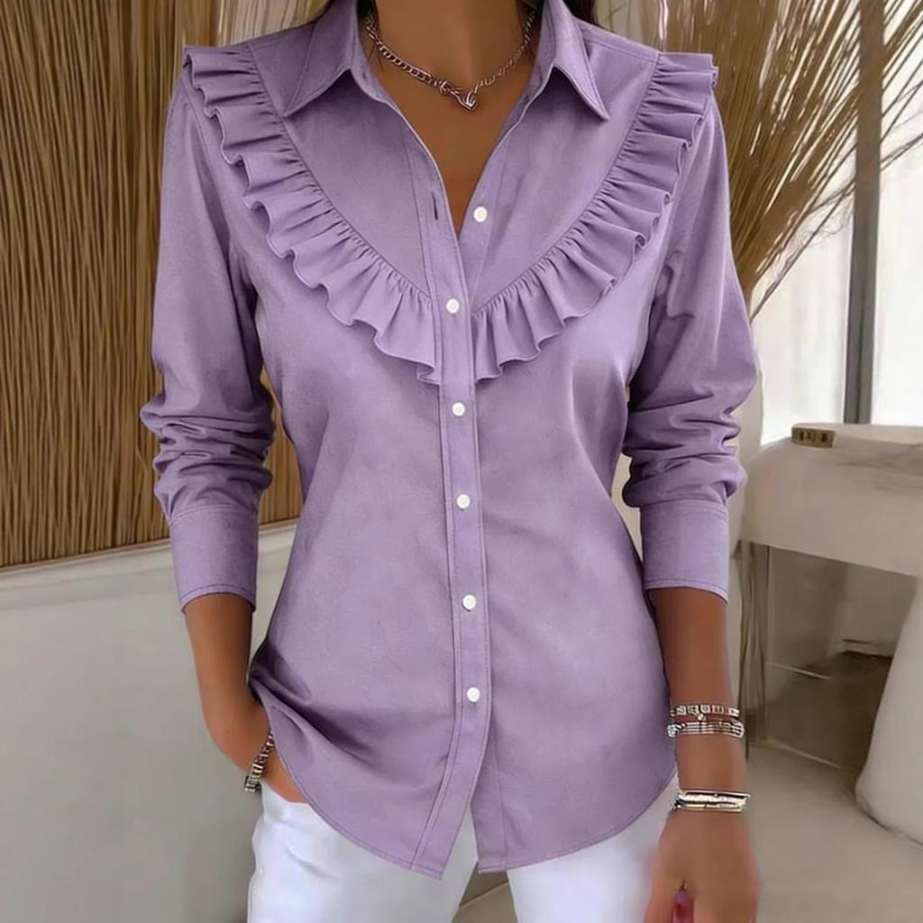 European and American Spring Women's Solid Color Shirt Collar Long Sleeve Casual Loose Ruffle Edge Cotton and Linen Top