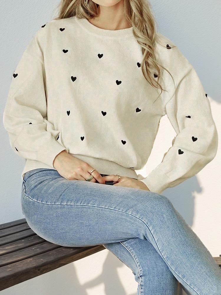 Autumn European & American Versatile Knit Heart Sweater - Women's Cute Round Neck Style