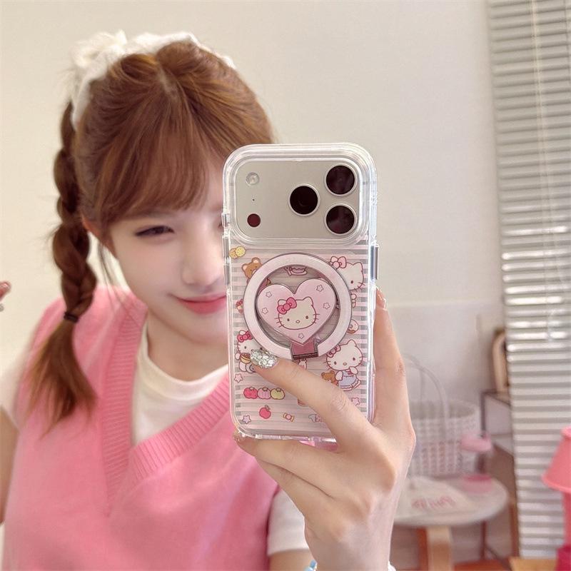 Pink Striped Little Panda iPhone 17/16 Pro Max/15/14 Girly Magnetic Case