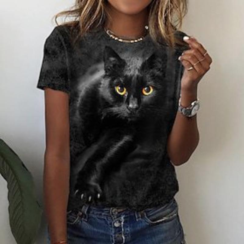 Women's 3D Cat and Dog Print Round Neck Casual Women's T-shirt Women's T-shirt