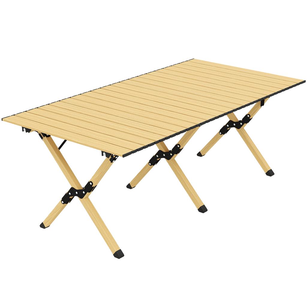 Camping Table 117 X 60 Cm Aluminum Folding Table with Roll-up Tabletop Wood-look Carrying Bag Waterproof