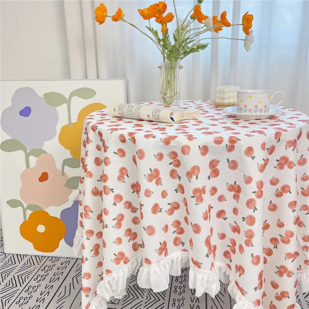 White Pleated Border Printed Tablecloth Flower Pattern Brushed Fabric Table Cover Rural Style Rectangular Dining Table Cloth