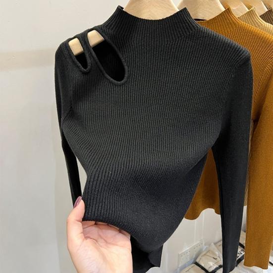 Dámský podzimní zimní top Hrubý pletený Polovysoký límec Dlouhý rukáv Slim fit Jednobarevný Prolamovaný Elastický pulovr Měkký Teplý Jedna velikost Dámský svetr