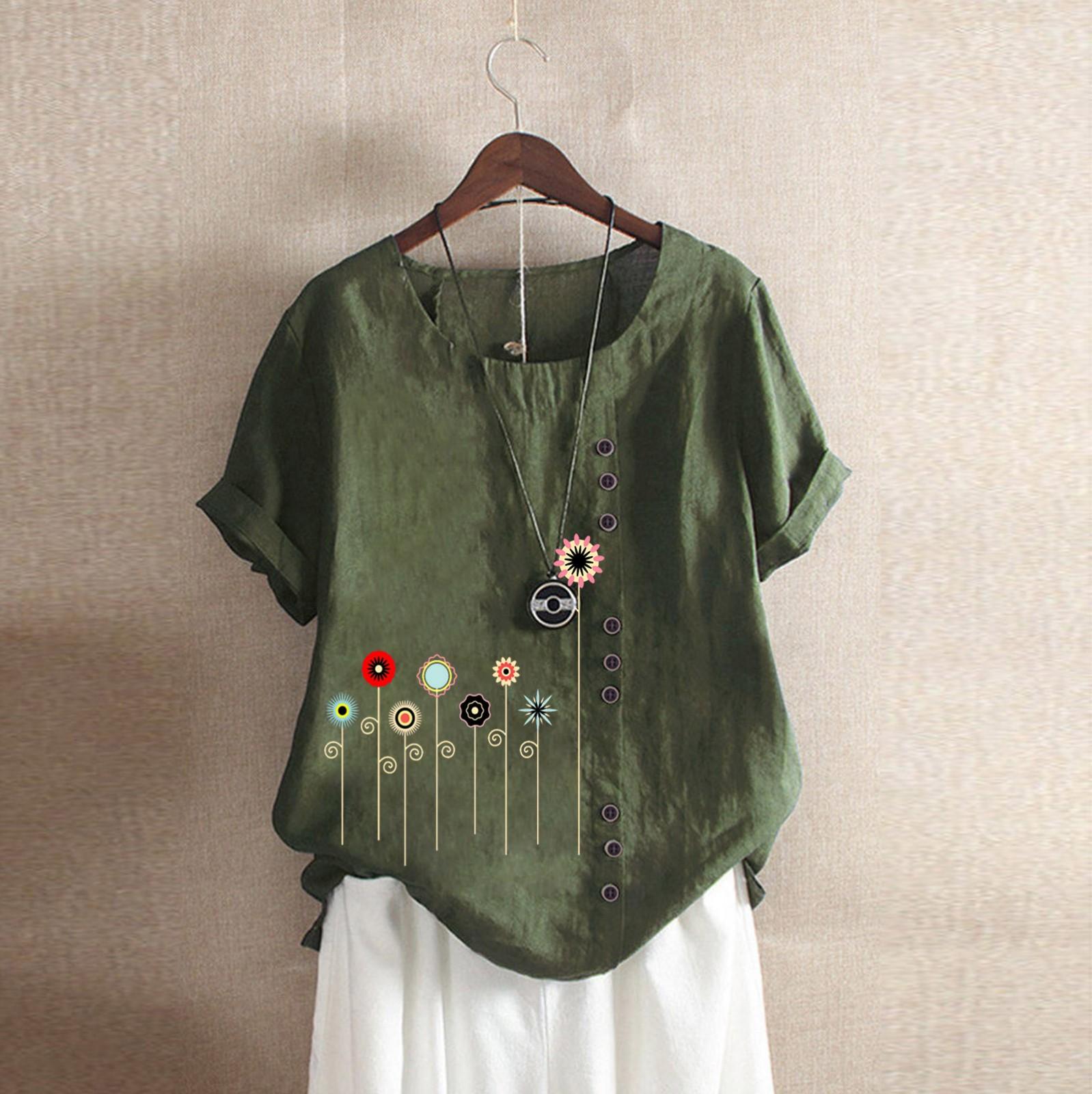 

Женская хлопково-льняная футболка с круглым вырезом, коротким рукавом и пуговицами, футболка с принтом L армия зеленый