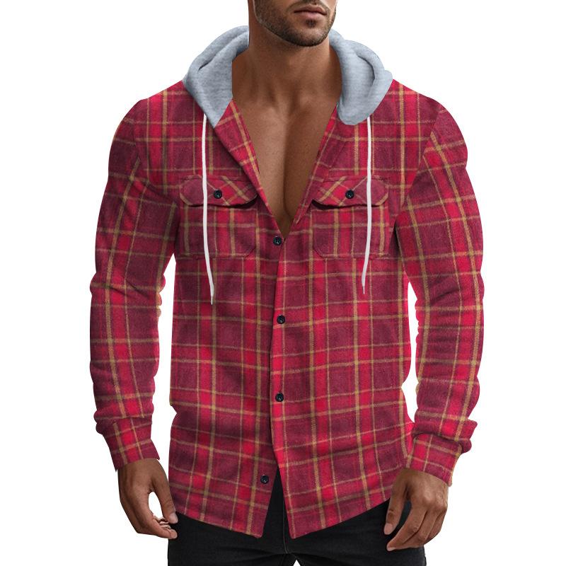 American Retro Plaid Shirt Men'S Autumn And Winter Hooded Flannel Jacquard Shirt Casual Jacket Men