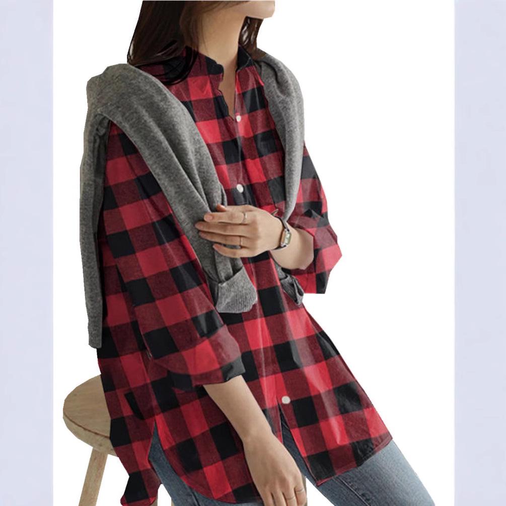 2025 Women's Plaid Lapel Long-Sleeve Mid-Length Fashion Shirt