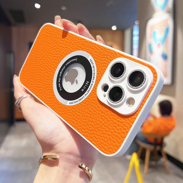 Skórzane logo biznesowe z dziurką etui na telefon Iphone 14 13 12 11 Pro Max 14 Plus 14pro 11 odporna na wstrząsy miękka osłona obiektywu tylna okładka