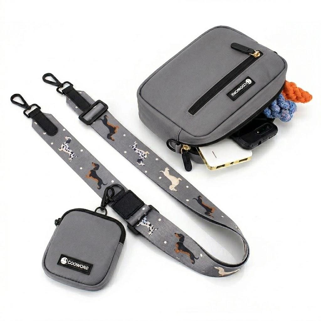 Waterproof Black Nylon Dog Walking Bag Crossbody Small Dog Treat Pouch Poop Bag Dispenser Personalized Bag for Dog Walking