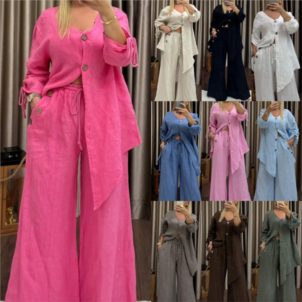 Cotton Linen Irregular Button Shirt Set Women Spring Autumn Casual Loose Retro V-Neck Cardigan + Wide-leg Long Pants 2piece Set