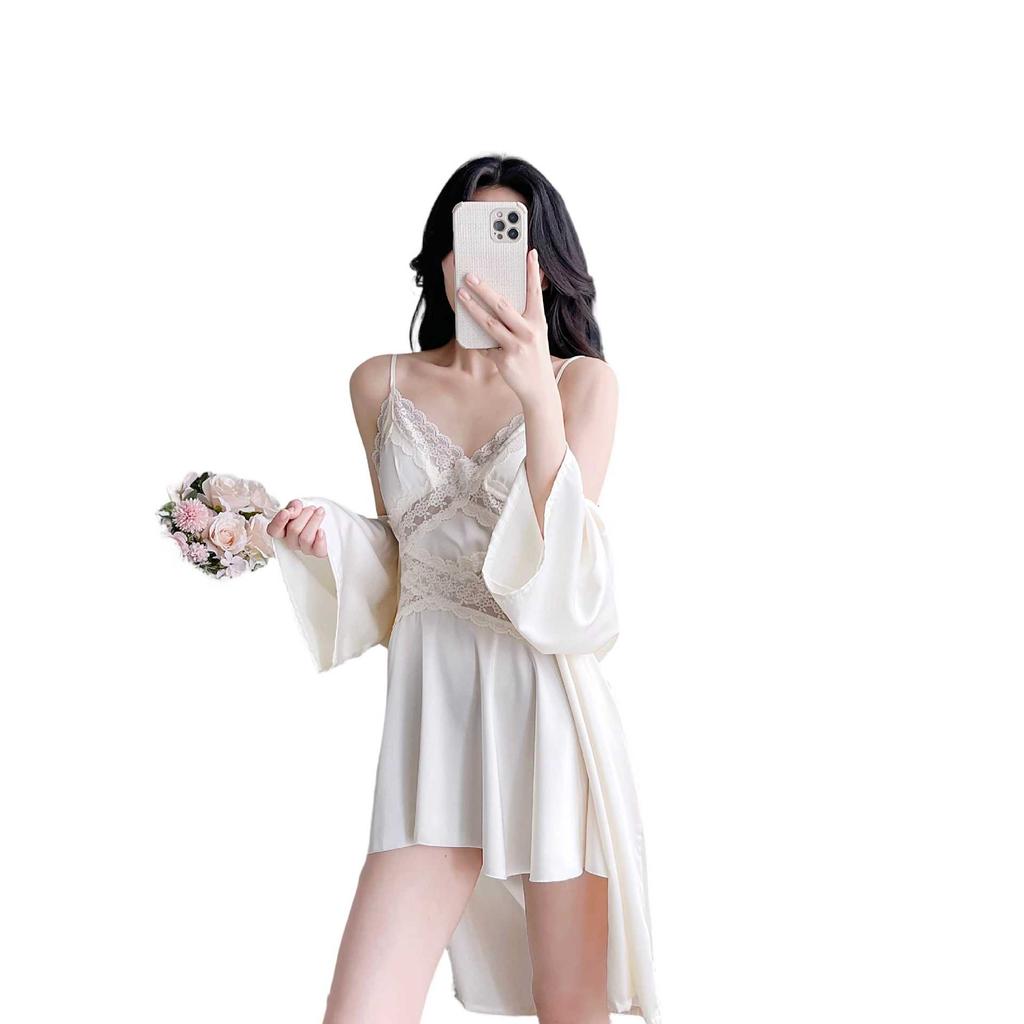 Hollow French lace suspender nightdress two-piece set ice silk silk loungewear outer morning robe support