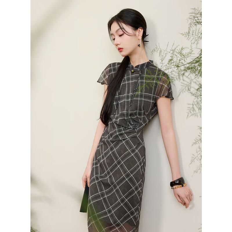 

Sancai 2025 Summer New Chinese Style Plaid Chiffon Belted Maxi Dress S 155/80A