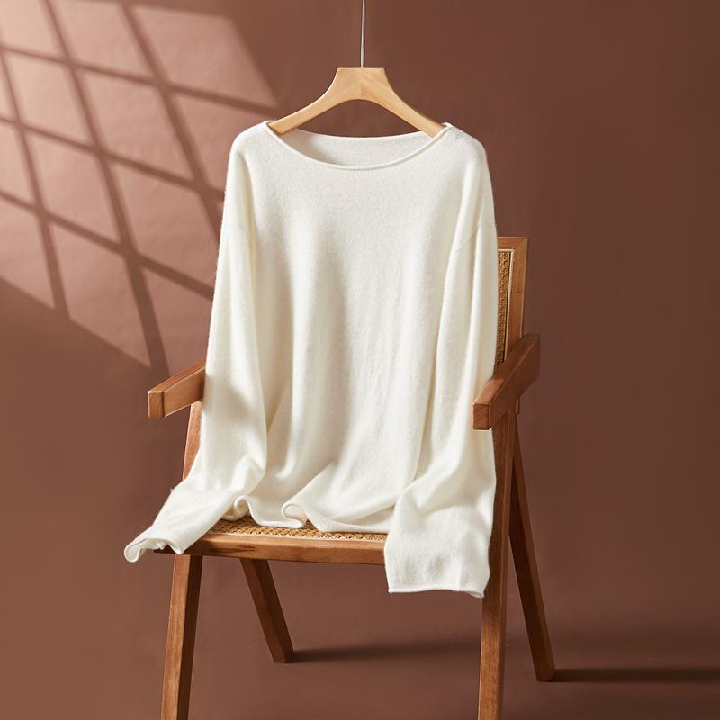 Women's Long Sleeve One-Shoulder Cashmere Knit Sweater - Mid-Length, Rolled Edge, Autumn/Winter Collection