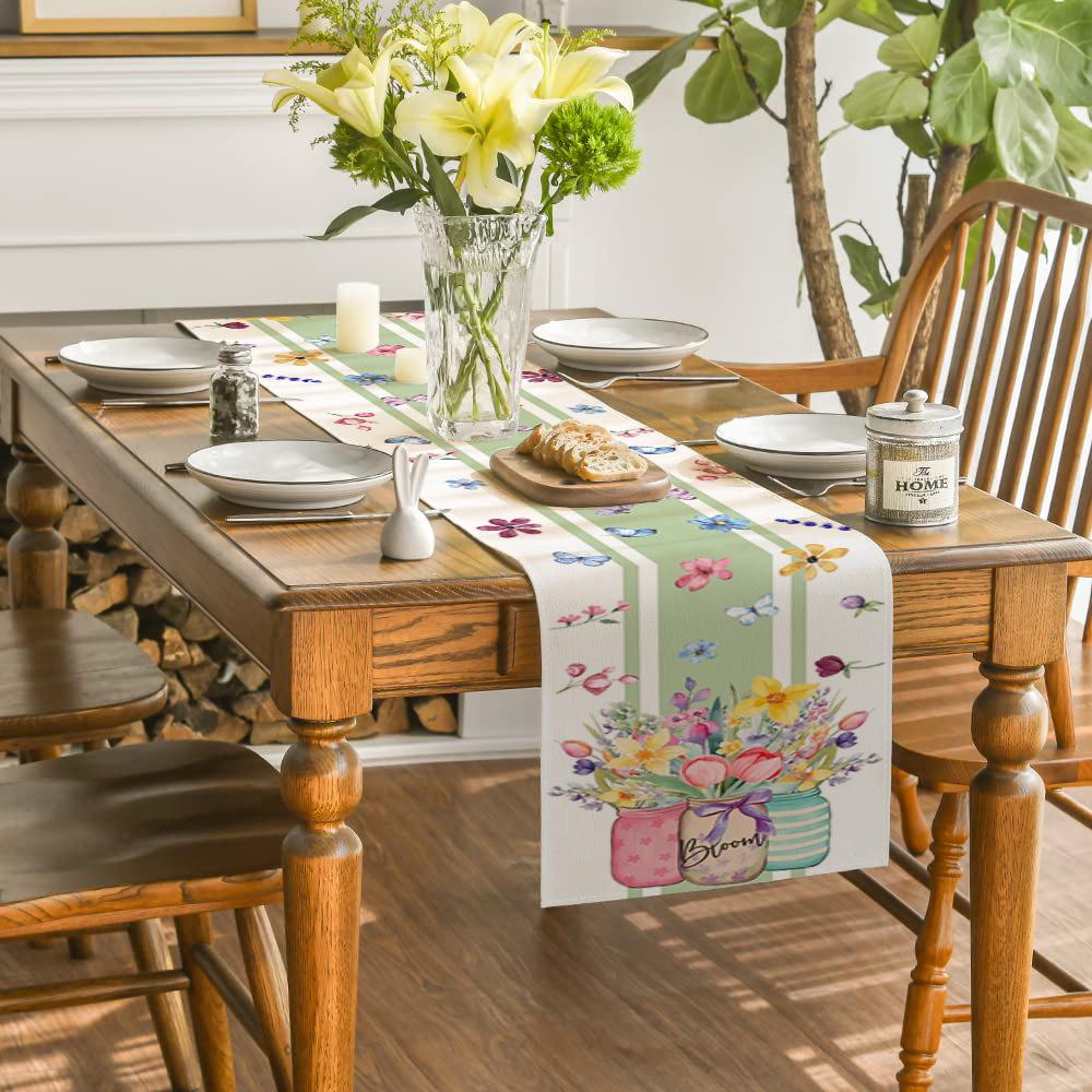 Hydrangea Butterfly Linen Table Runner - Colorful Floral Decor for Kitchen, Dining, or Party