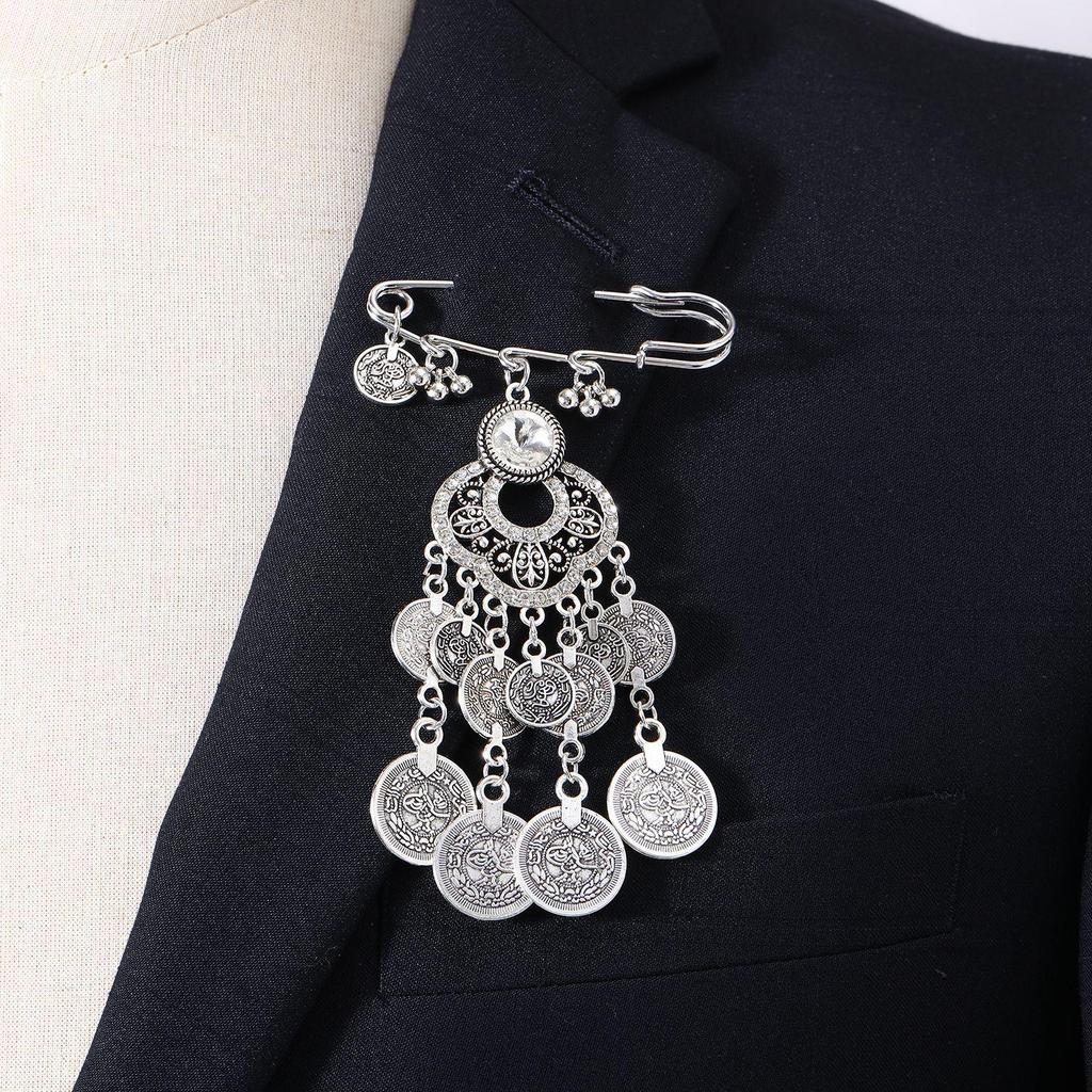 Bohemian Rhinestone Flower Tassel Brooch for Women - Exotic Style Suit Coat Pin