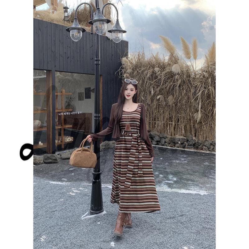 Spring 2026 Plus Size Women s Striped Slimming Dress & Cardigan Two-Piece Set 2XL