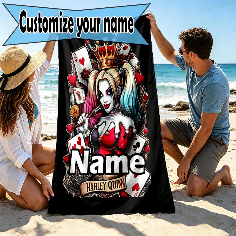 Custom Name Personalized Harley Quinn Joker Print Beach Towel, for Trip Camping Beach Party Home Decor, Birthday Gift for Family & Friends