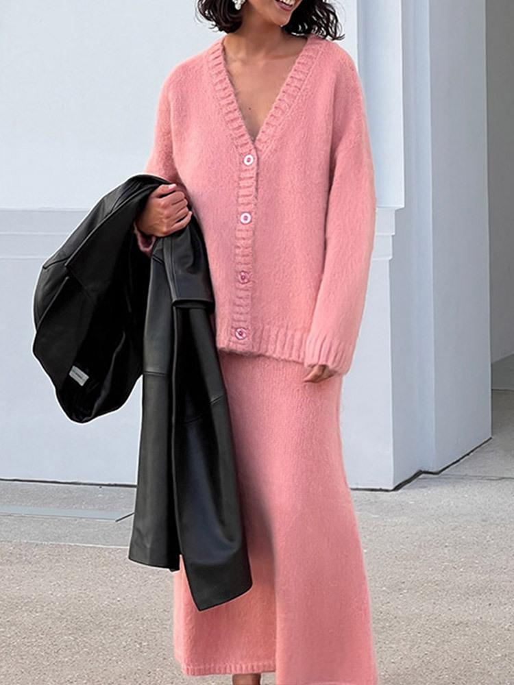 

Жіночий бежевий в язаний кардиган з V-подібним вирізом та набір довгої спідниці, елегантний повсякденний наряд L рожевий