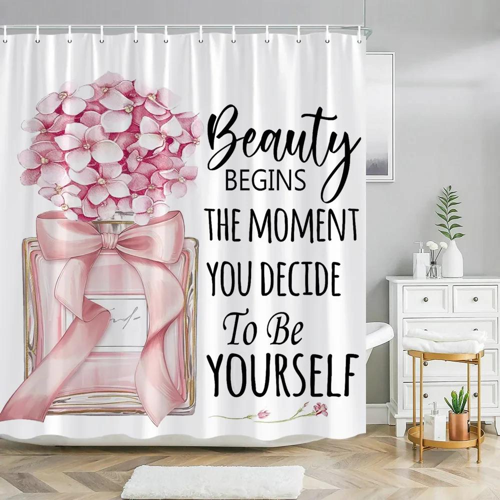 Cosmetic Perfume and Floral Shower Curtain and Rug Bathroom Set Flowers Heels Lipstick Home Cloth Hanging Curtain Bathroom Decor