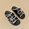 Ruoji 2025 spring and summer sandals one-word buckle rough edge upper wear beach casual shoes flat comfortable and lightweight