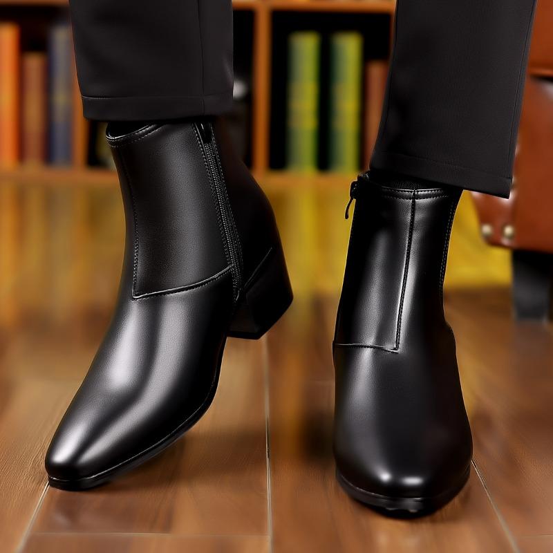Men's Boots Pointed Toe Chelsea Boots British Style Zipper Ankle Boots Height Increasing Leather Shoes Plus Size High Heel Boot