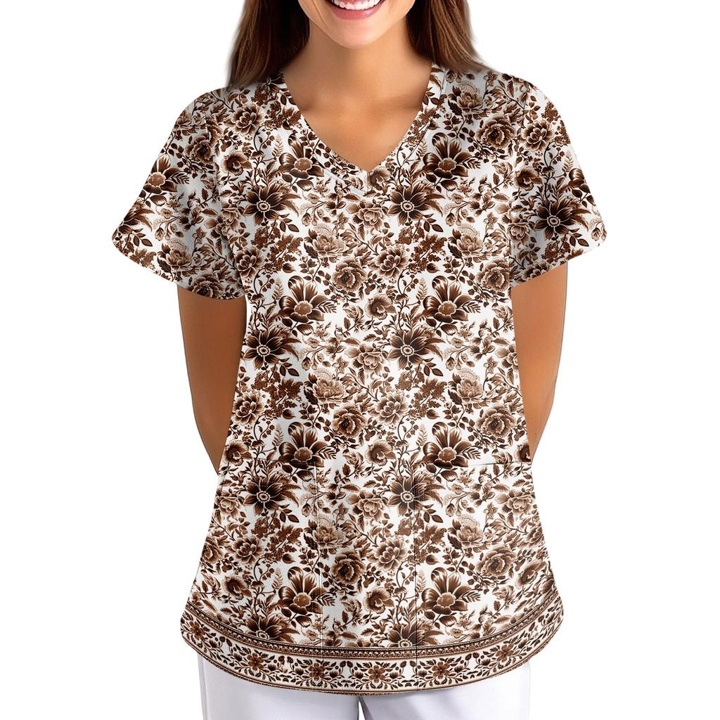 Women's Floral Print Loose Fit V Neck Short Sleeve Work Scrub Top with Pockets for Healthcare Professionals Nursing Uniform