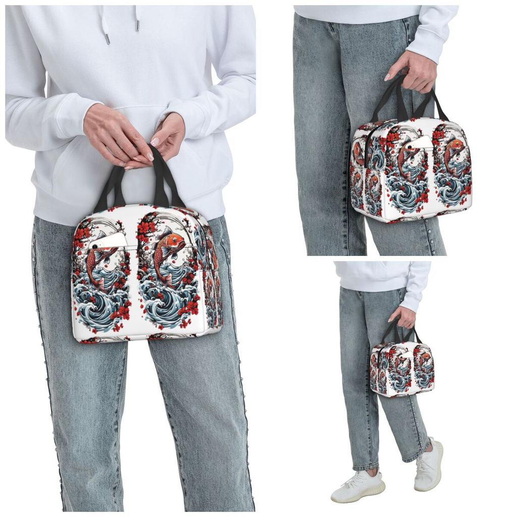 Japanischer Koi-Fischerei Streetwear-Stil Isolierte Lunchtasche für Kinder Schul-Kühltasche Thermische Lebensmittelbox Tragetasche Lunchboxen Behälter