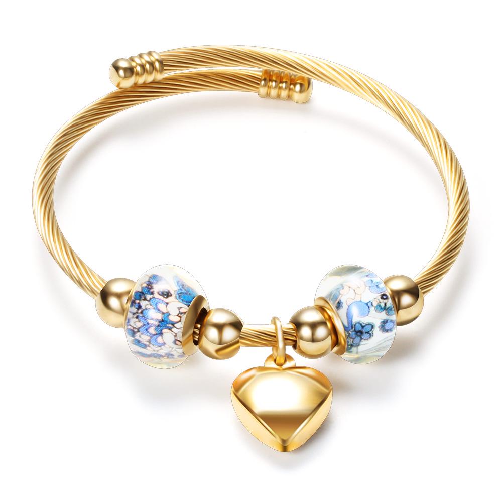Diy Beaded Bracelet Women's Titanium Steel Bracelet Open Heart Gold Bracelet