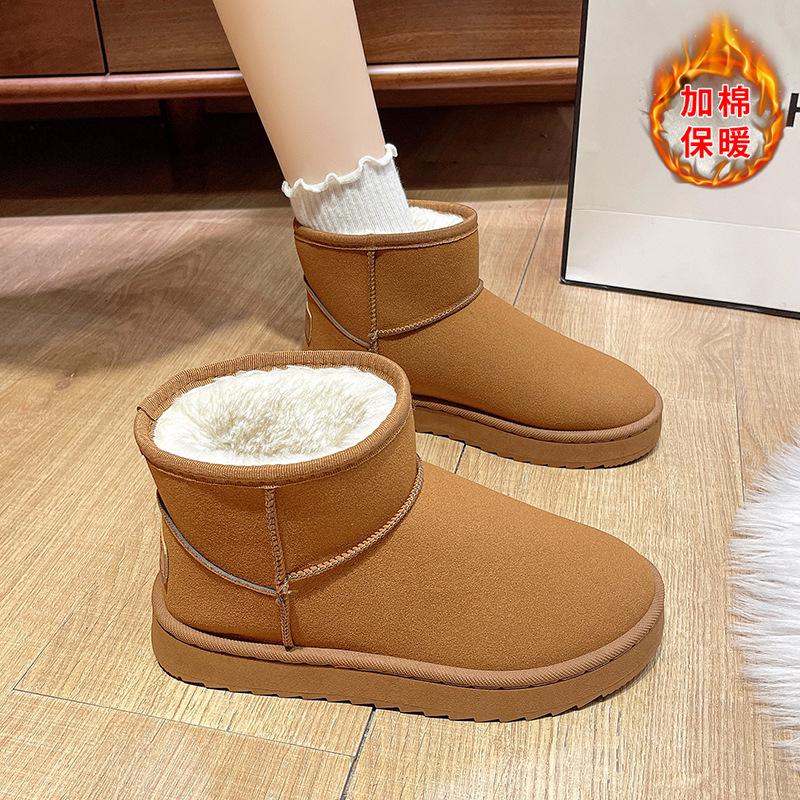 Fashion Winter Brown Snow Boots Plush Suede Ankle Boots Waterproof Warm Cotton Women Boots Slip On Fleece Thickened Flat Short Booties