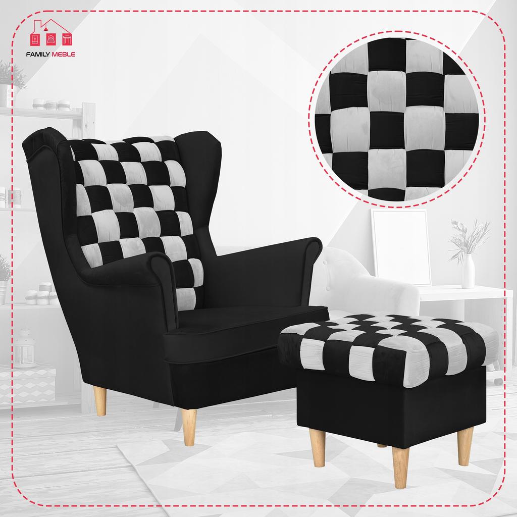 Fotoliu cu urechi Carol Duo cu suport pentru picioare scandinav Family Meble alb negru
