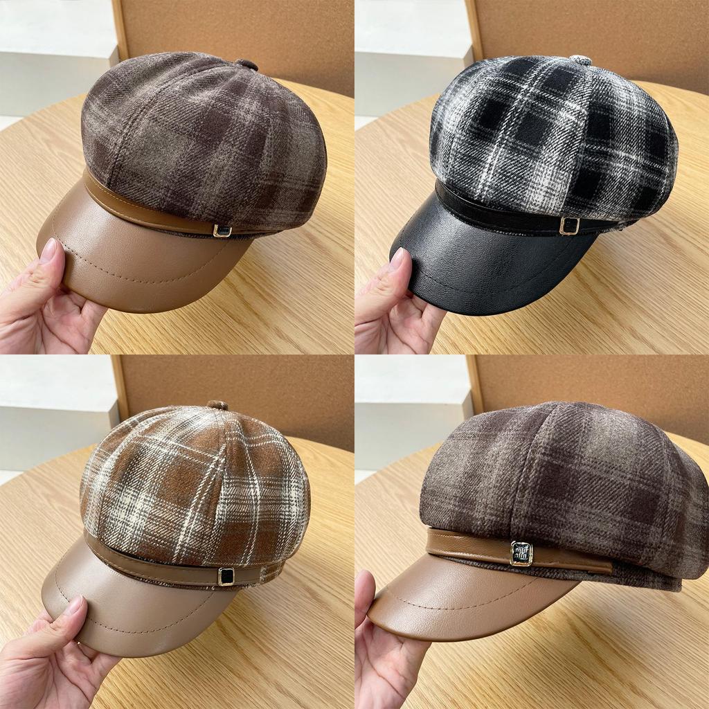 Octagonal Hat Women Autumn Winter Pu Leather Plaid Brim Casual Fashion Accessory For Travel