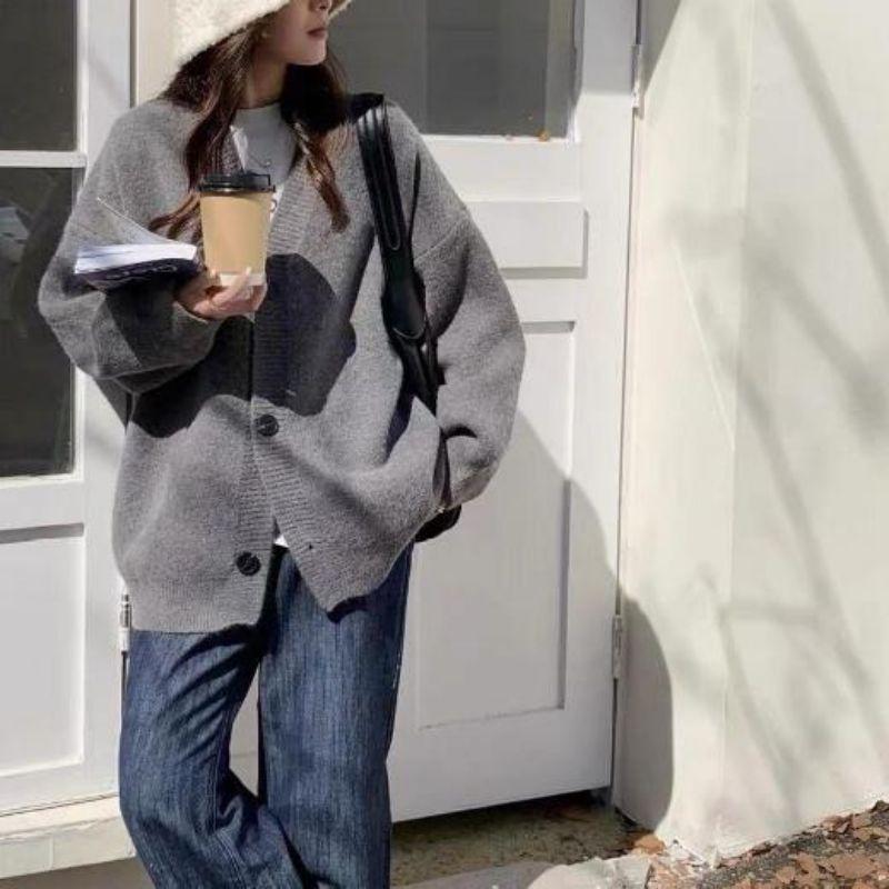 2024 Autumn/Winter Women's Soft V-Neck Pink Cardigan Sweater - Simple, Lazy Style Knit Outerwear