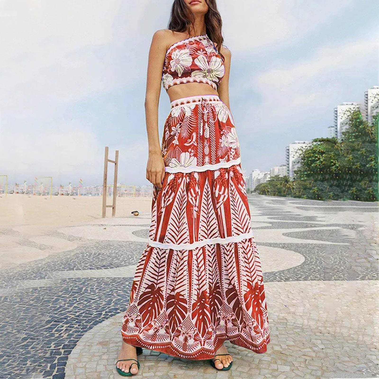 

Женский сексуальный приталенный комплект из двух частей с купальником с принтом и длинной юбкой XL красный