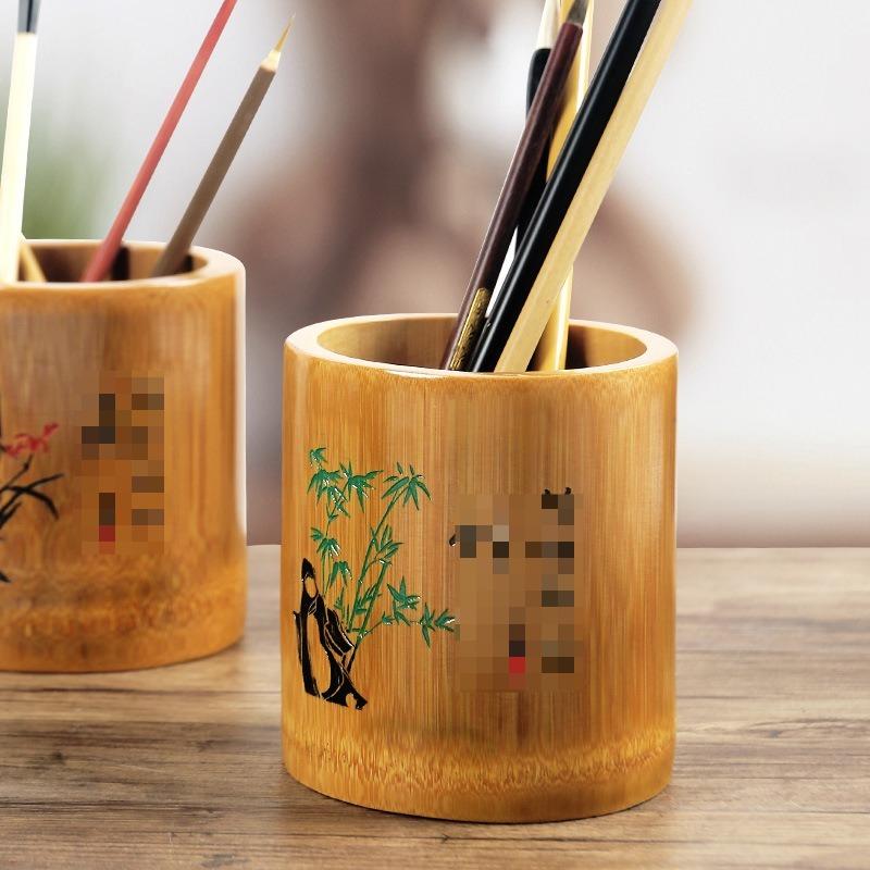 Plum orchid and chrysanthemum carving multifunctional bamboo and wood pen holder office desktop creative decoration storage box