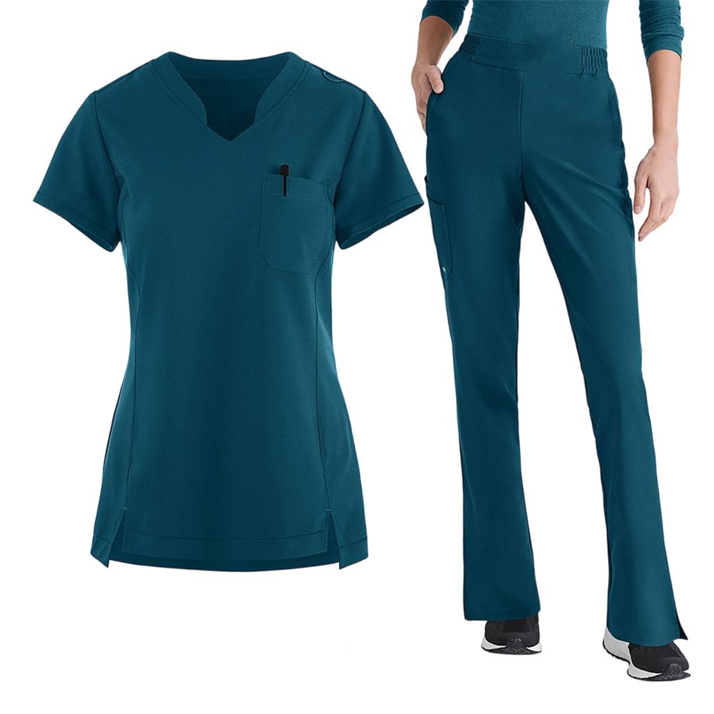 Women's Loose And Comfortable V-neck Short Sleeved Workwear With Tie Up Top And Waist Cinching Beauty Suit Set