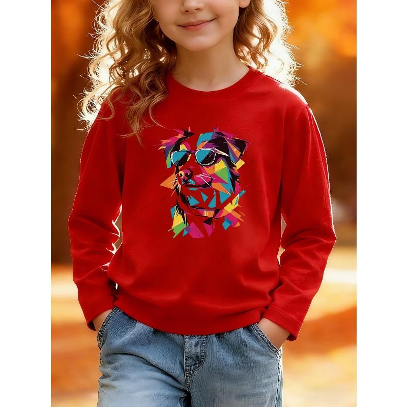 European sizes Kids' Cartoon Print Round Neck Top, Featuring a Cartoon Dog Design on a Long Sleeve T-Shirt. Perfect for Everyday Casual Wear