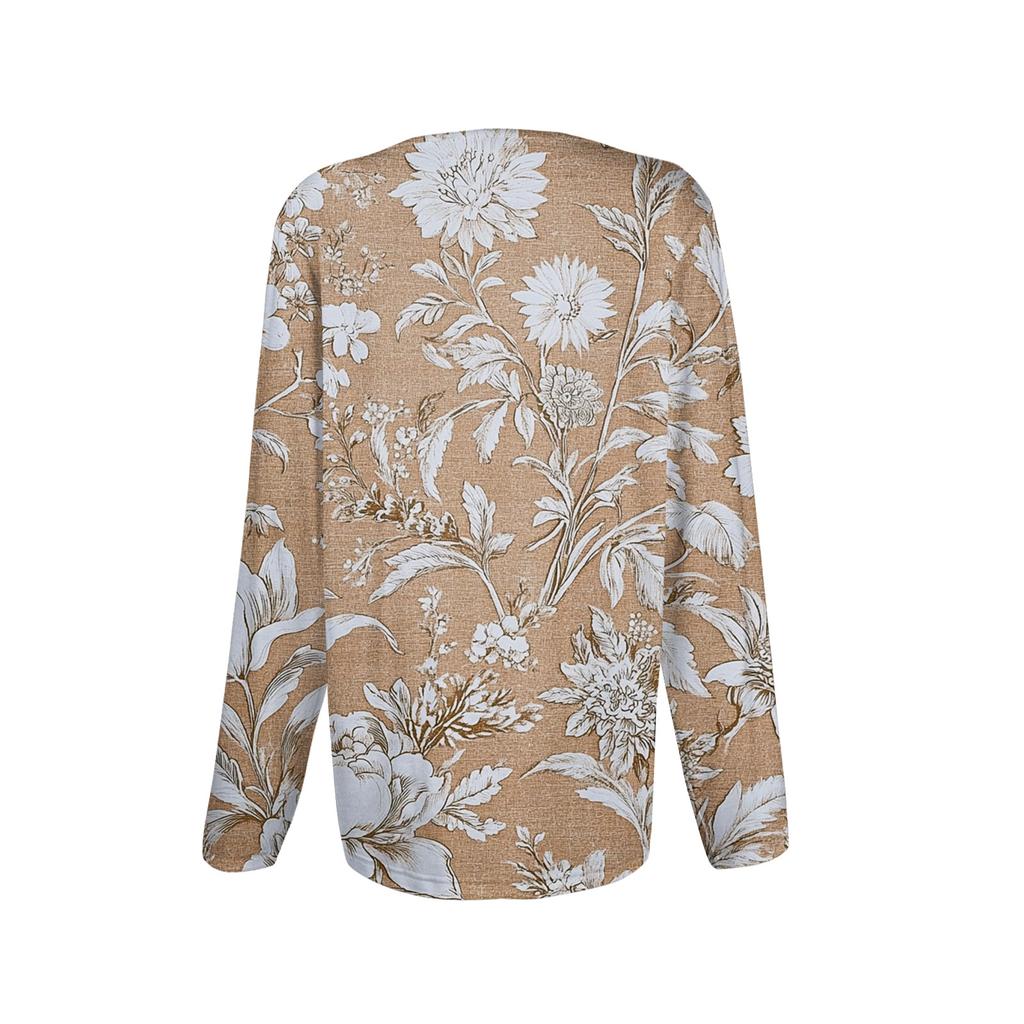 Dámské módní ležérní top s dlouhým rukávem a kulatým výstřihem, volného střihu, s plisováním a květinovým potiskem