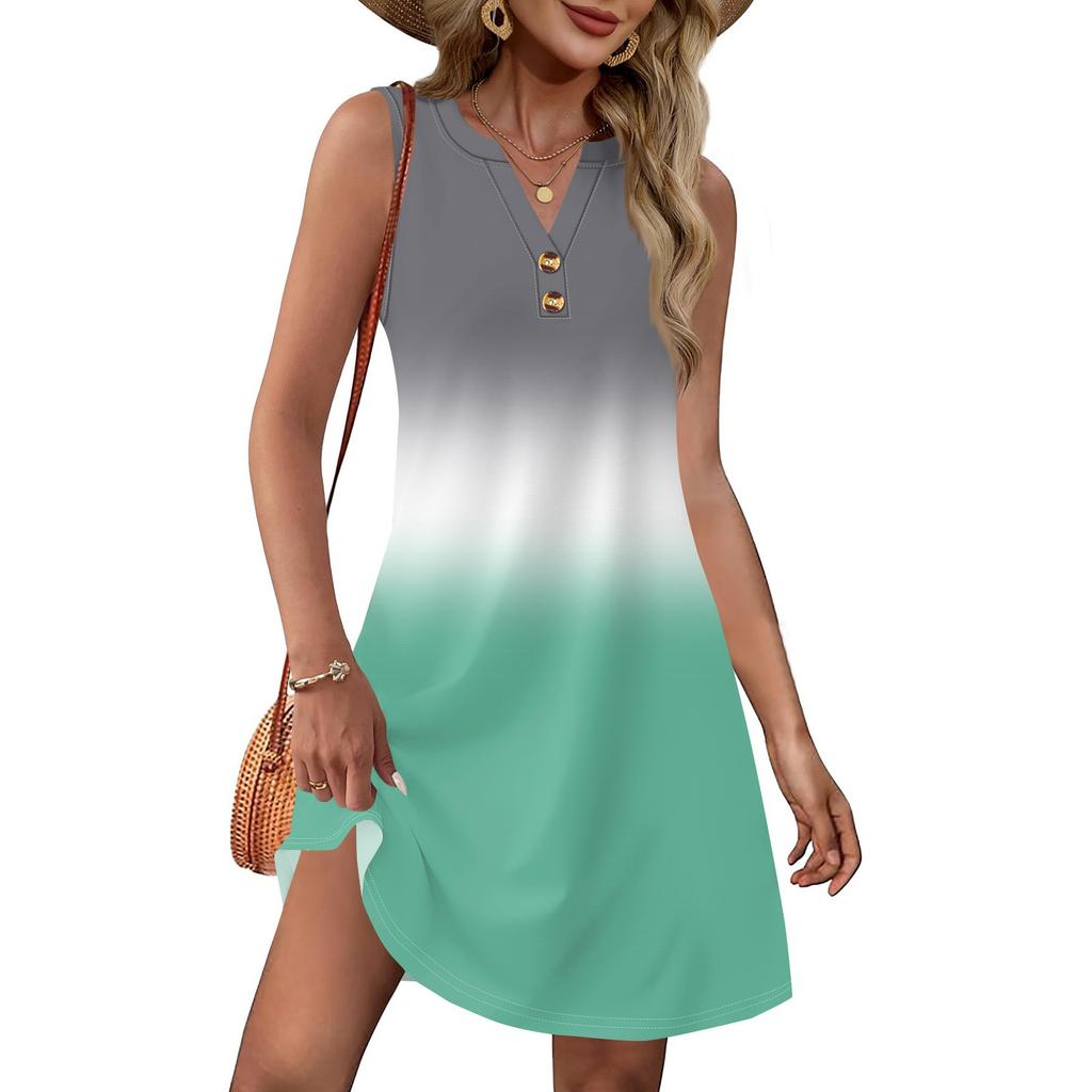 Ladies' Fashionable Gradient Print V-neck Button-down Pocket Vest Dress Beach Vacation Summer Dress