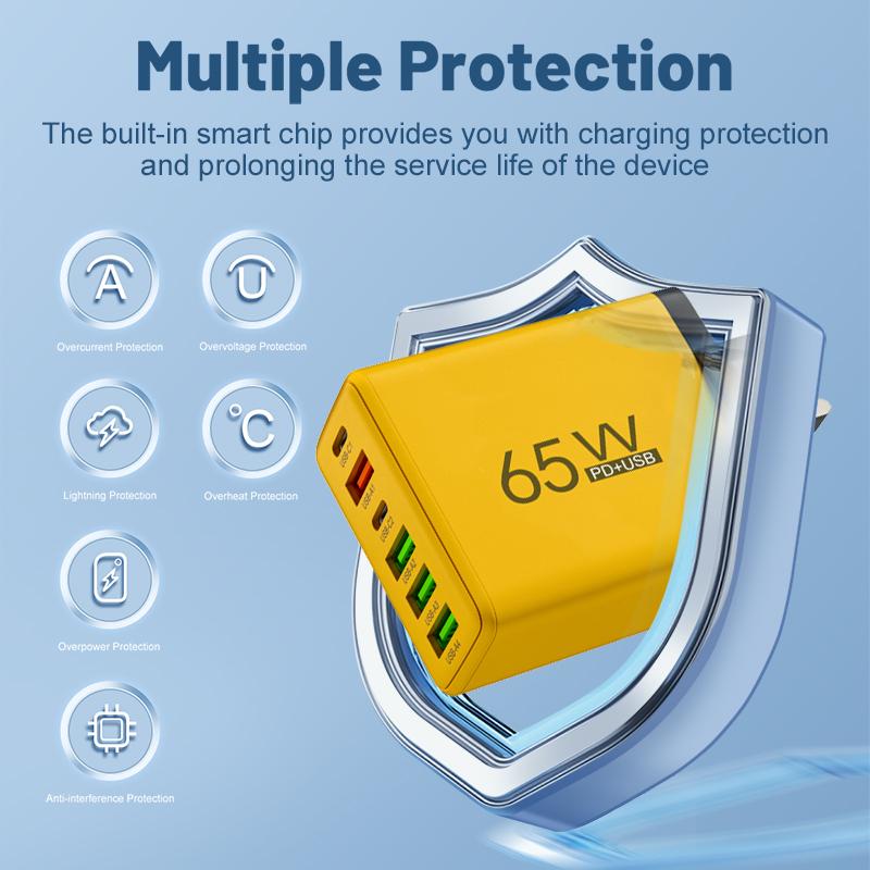 Insgesamt 65W 6 in 1 4 USB 2 Typ C Schnellladung Schnell-Wandladegerät für iPhone Samsung Xiaomi Oppo Handy-Adapter