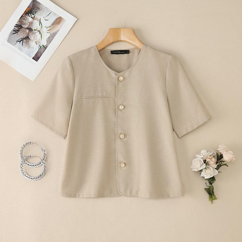 

ZANZEA Женская летняя однотонная повседневная блузка с круглым вырезом и коротким рукавом XL хаки