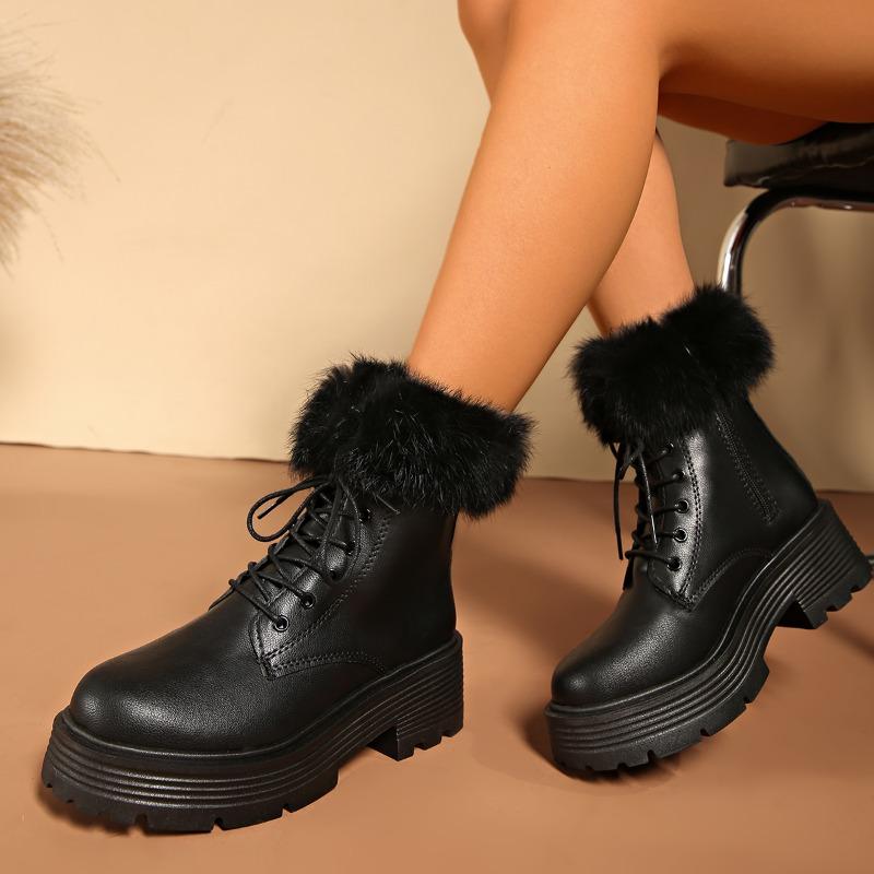 Plush Warm Cotton Boots Winter New Round Toe Lace-up Platform Non-slip Block Heel Plus Size Leather Shoes