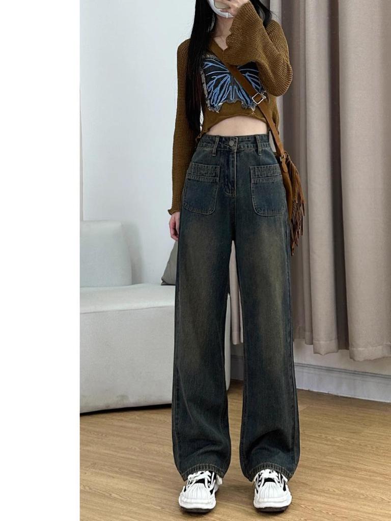 Damskie dżinsy z wysokim stanem, retro, z szerokimi nogawkami - wyszczuplające, drapowane i do ziemi (Wiosna/Jesień 2025)
