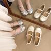 French silver flat ballet single shoes women 2025 new temperament bow fairy wind word belt Mary Jane shoes