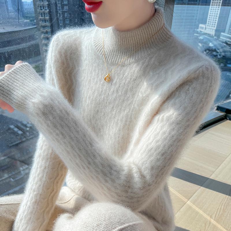 Women's Loose Cable Knit Cashmere Sweater - Double-Ply Wool, Double-Layer Collar, Base Layer for Autumn/Winter
