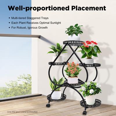 Herzförmiger 4-stufiger Blumenpflanzenständer Halter Regal 6 Ablagen Eisen Rollräder für Innen Außen Garten Heimdekoration