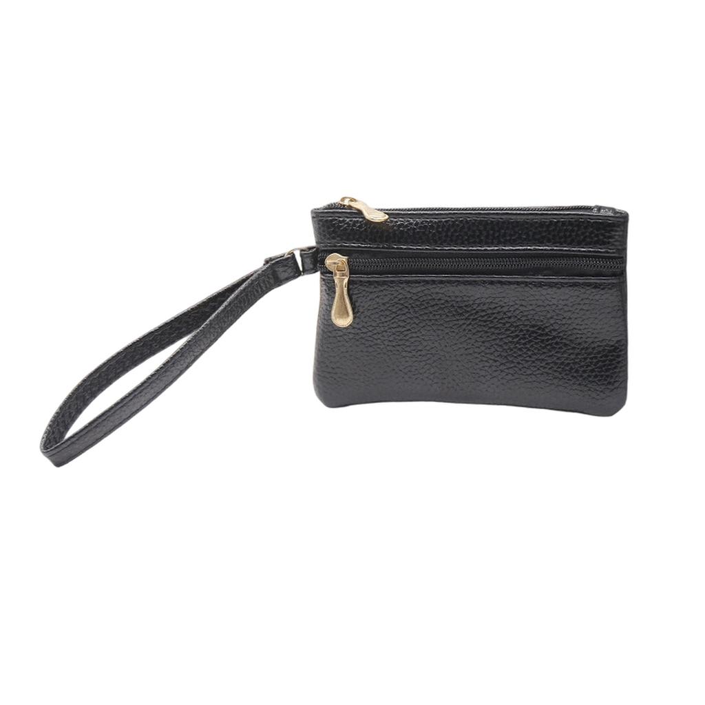 Çift fermuarlı ve düz renkli, modaya uygun PU bozuk para saklama çantası, kadınlar için hafif ve küçük kart çantası