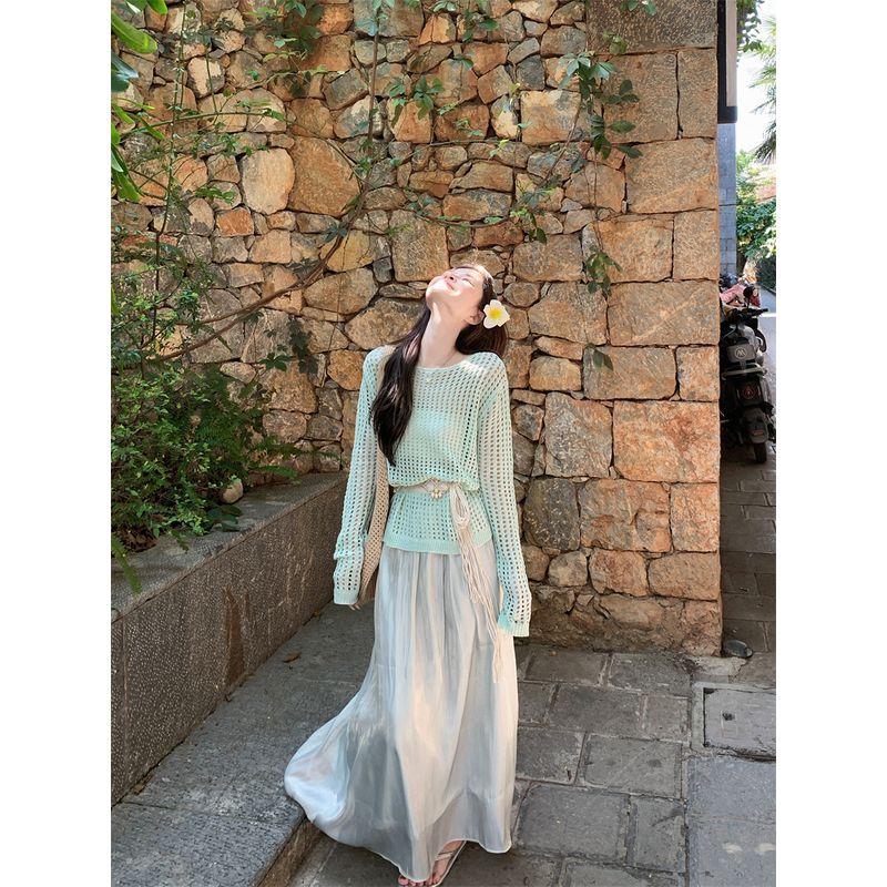Kumikumi Fashion Set Loose Hollow Out Long Sleeve Knit Women Autumn High Waist Slimming Skirt Two-piece Set
